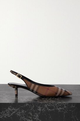 Leather-trimmed Checked Canvas Slingback Pumps - Brown