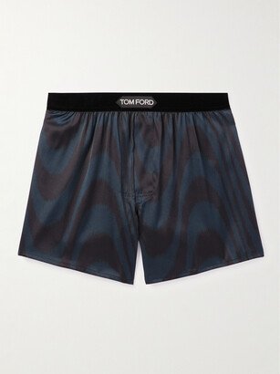 Velvet-Trimmed Printed Stretch-Silk Satin Boxer Shorts-AA