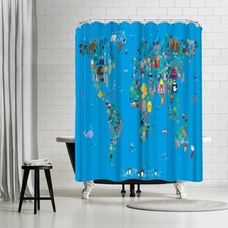 71 x 74 Shower Curtain, World Animal Map Blue by Michael Tompsett - Art Pause