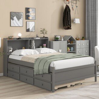 RASOO Full Bed Modern Bedroom Wood Kids' Beds with Bookcase & Storage Headboard, Pull-out Trundle Bed and Drawers for Guest