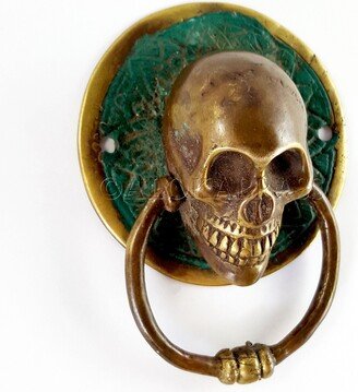 Small Brass Skull Head Ring Pull Handle Antique Style 7.5 cm Backplate Cabinet Handle 3