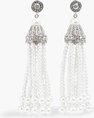 Tasseled silver-tone, faux pearl and crystal earrings