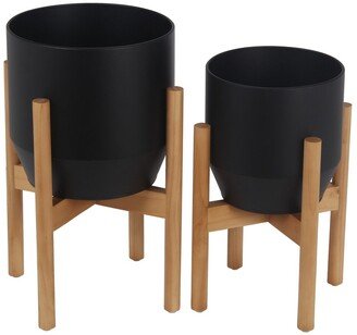 Metal Planter with Round Wooden Legs, Set of 2, Black