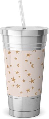 Travel Mugs: Stars & Moon - Starry Night Universe - Beige And Brown Stainless Tumbler With Straw, 18Oz, Pink