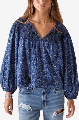 Women's Printed Smocked Peasant Blouse