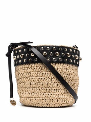 Embellished Woven Raffia Bucket Bag