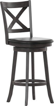 Merrick Lane 30 Gray Wash Walnut Classic Wooden Crossback Swivel Bar Height Pub Stool with Black Faux Leather Padded Seat and Integrated Footrest