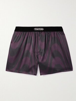 Velvet-Trimmed Printed Stretch-Silk Satin Boxer Shorts