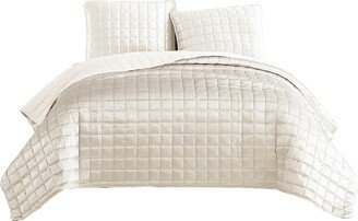 3 Piece Queen Size Coverlet Set with Stitched Square Pattern, Cream