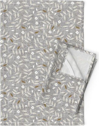 Neutral Gray Floral Tea Towels | Set Of 2 - Darcy Grey Medium By Nouveau Bohemian Modern Botanical Linen Cotton Spoonflower