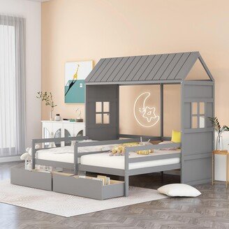 TOSWIN Stylish and Elegant Shared Two Twin House Beds with 2 Drawers, Solid Construction Perfect for Your Bedroom