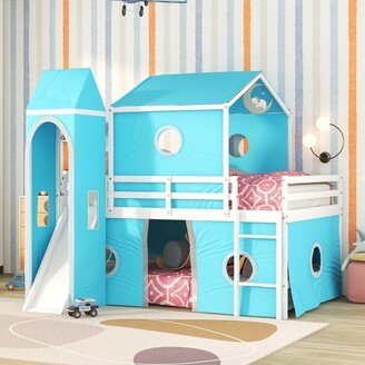 GREATPLANINC Full Over Full Castle Style Kids Low Bunk Bed with Tent, Slide, Curtains & Tower, Solid Wood Floor Bunk Bed Frame for Girls Boys