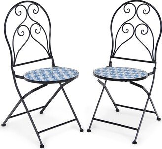 2PCS Patio Folding Mosaic Bistro Chairs Blue Flower Pattern - See Details