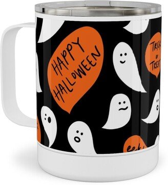 Travel Mugs: Halloween Ghosts Happy Halloween Stainless Steel Mug, 10Oz, Black