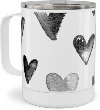 Travel Mugs: Watercolor Hearts - Black And White Stainless Steel Mug, 10Oz, Black
