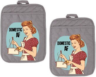 Gray Pocket Domestic Af Funny Potholder Oven Mitts Cute Pair Kitchen Gloves Cooking Baking Grilling Non Slip Cotton