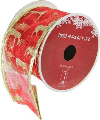 Northlight Red and Gold Glittering Reindeer Wired Christmas Craft Ribbon 2.5 x 10 Yards