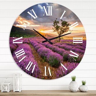 Designart 'Sunrise & Dramatic Clouds Over Lavender Field VIII' Farmhouse wall clock