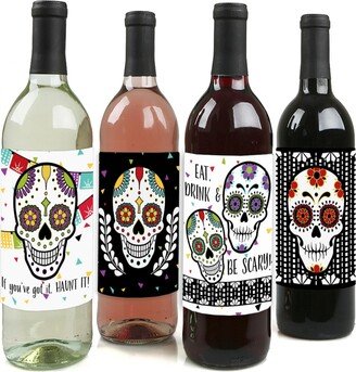 Big Dot of Happiness Day of the Dead - Sugar Skull Decorations for Women and Men - Wine Bottle Label Stickers - Set of 4