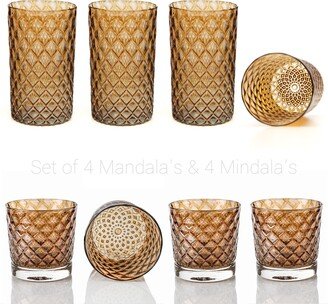 Light Brown Sugar Mindala & Mandala Glass Set Of 8 - Handblown Glassware | Blown Tumblers Colorful Drinkware Cocktail Glasses