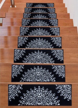 Beverly Rug Indoor Non Slip Carpet Medallion Stair Treads w/ Installed Tape 9x28 Navy / Ivory