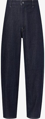 Mens Deft Blue Contrast-stitch Wide-leg Relaxed-fit Jeans