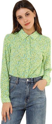 Allegra K Women's Point Collar Long Sleeve Button Down Floral Shirt Light Green Small