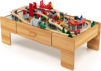 Kids Wooden Train Set & Double-Sided Table Playset w/100 - See Details