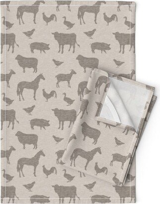 Neutral Farmyard Tea Towels | Set Of 2 - Farm Animals By Sugarpinedesign Barnyard Farmhouse Linen Cotton Spoonflower