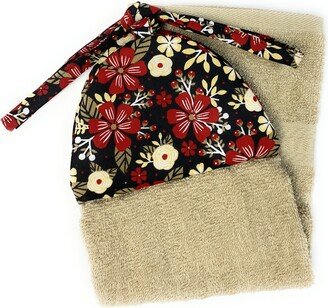 Flowers Red & Cream With Taupe Tan Leaves Ties On Refrigerator Stays Put Kitchen Bathroom Hanging Loop Hand Dish Towel Free Shipping