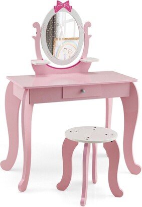 Kid Vanity Table Stool Set with Oval Rotatable Mirror-Pink - N/A