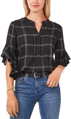 Plaid Flutter-Sleeve Henley Blouse