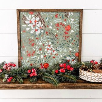 Christmas Floral Layering Sign, Green Winter Berry Wood Farmhouse Mantle Sign