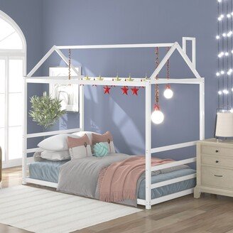 EDWINRAY Modern Design Twin Size House Platform Bed, Floor Steel Bedframe with Roof & Chimney for Imaginative kids Teens Adults Bedroom