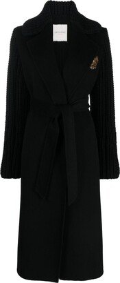 ERMANNO FIRENZE Belted Knitted-Sleeve Wool Blend Coat