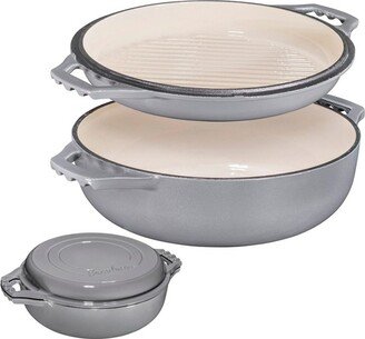 2-in-1 Gray Enameled Cast Iron Cocotte Double Braiser Pan with Grill Lid, 3.3 Quarts