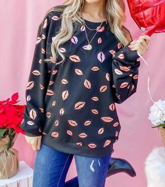 And The Why Kiss Pink Foil Allover Print Pullover Sweatshirts In Black