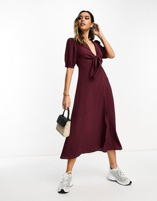 tie front button through midi dress in maroon