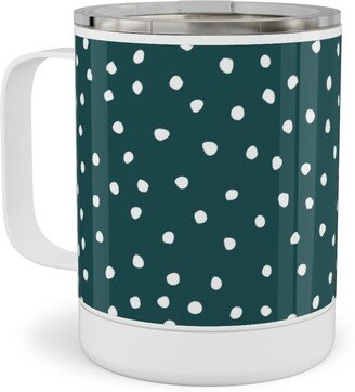 Travel Mugs: Dots - White On Emerald Stainless Steel Mug, 10Oz, Green