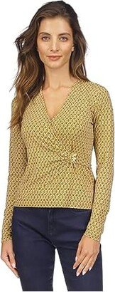 Long Sleeve Hardware Faux Wrap Top (Marigold) Women's Clothing