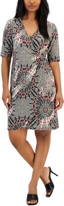 Petite Medallion-Print Elbow-Sleeve Sheath Dress - Black/Cream