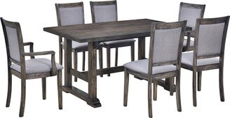 GEROJO Weathered Grey 7-Piece Solid Wood Trestle Dining Table Set with Upholstered Chairs