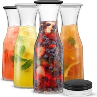 Hali Glass Carafe Bottle Water or Juice Pitcher with 6 Lids - 35 oz - Set of 4