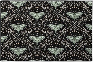 Door Mats: Luna Moths Damask With Moon Phases - Black Door Mat, Multicolor