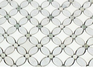 Thassos White Marble Polished Florida Flower Mosaic Tile with Ming Green Dots