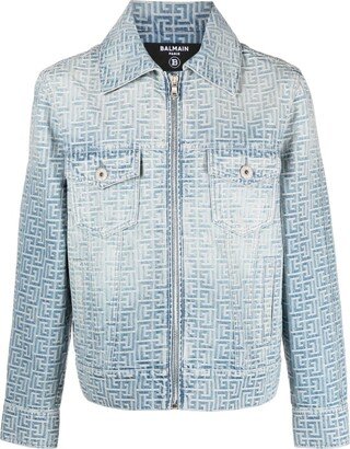 Blue Jacquard-Monogram Zip-Up Denim Jacket