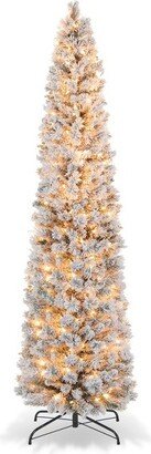 Tangkula 7FT Pre-lit Artificial Christmas Tree Snow-flocked Pencil Xmas Tree with 210 Warm White Lights 466 Branch Tips