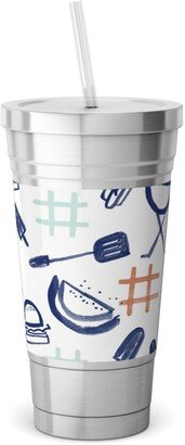 Travel Mugs: Summer Cookout Stainless Tumbler With Straw, 18Oz, Blue