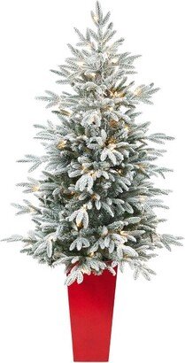 5’ Flocked Manchester Spruce Prelit Artificial Christmas Tree in Red Tower Planter