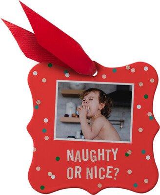 Ornaments: Confetti Naughty Or Nice Metal Ornament, White, Square Bracket